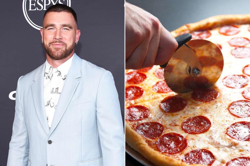 <p>ABC via Getty; Getty</p> Travis Kelce and pizza