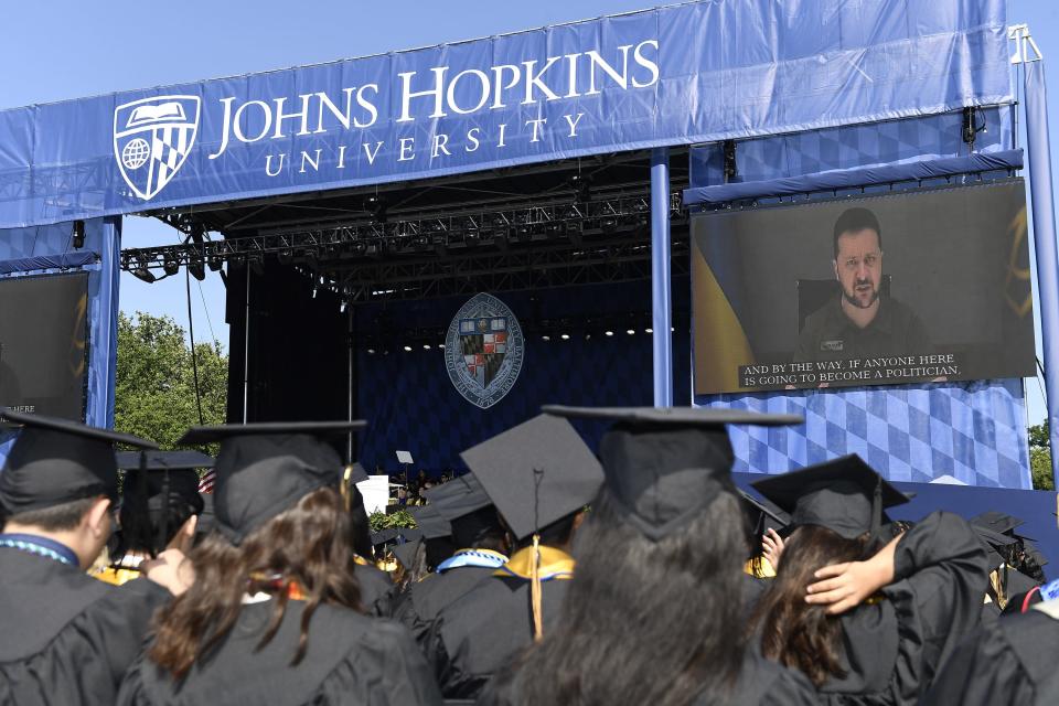 Ukrainian President Volodymyr Zelenskyy addresses via livestream the graduates of Johns Hopkins University in Baltimore.