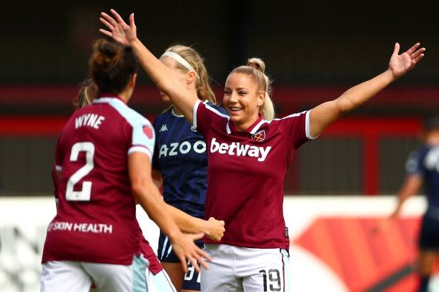 Canada's Adriana Leon, right, helped West Ham earn its first point of the new Women's Super League campaign with its first goal in a 1-1 against with Aston Villa on Saturday in London, England. (@BarclaysFAWSL/Twitter - image credit)