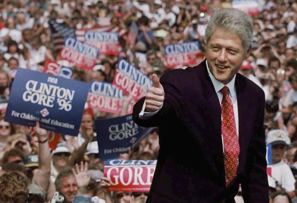 FILE - President Bill Clinton gives a thumbs up to a supporter as he is introduced at a campaign rally in De Pere, Wis., Sept. 2, 1996. Clinton's approval rating was 47% when he announced that he would run for reelection on April 14, 1995. He benefited from a growing economy, and he defeated Bob Dole, a Republican. (AP Photo/Doug Mills, File)