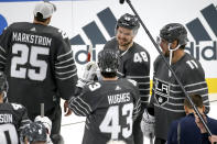 San Jose Sharks forward Tomas Hertl (48) talks with Vancouver Canucks defender Quinn Hughes (43) and Los Angeles Kings forward Anze Kopitar (11) after the Pacific Division defeated the Atlantic Division 5-4 to win the NHL All-Star final game Saturday, Jan. 25, 2020, in St. Louis. (AP Photo/Scott Kane)