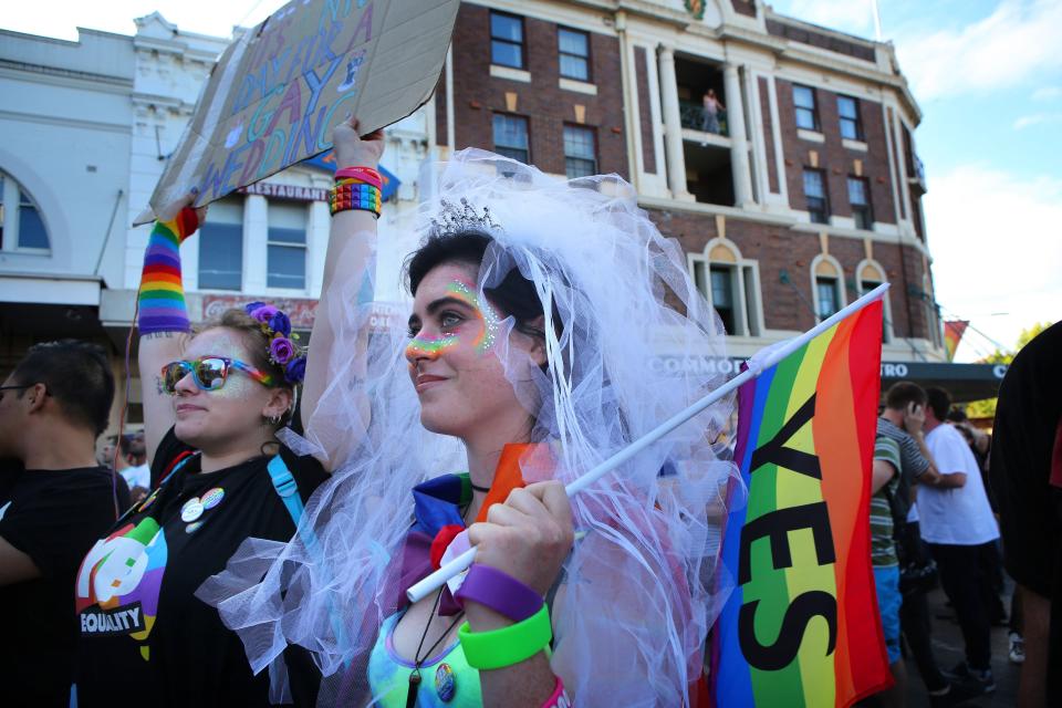 Supporters of legalizing same-sex marriage listen to speeches at Taylor Square in the heart of Sydney's gay precinct. (Photo: James Alcock via Getty Images)