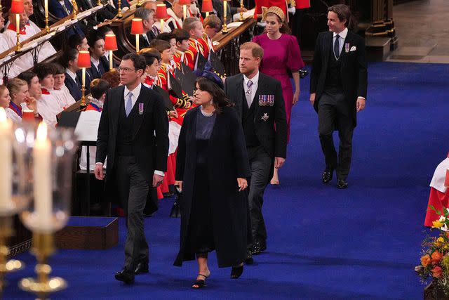 <p>Aaron Chown - WPA Pool/Getty</p> Prince Harry at the coronation with Princess Eugenie, Princess Beatrice and their husbands