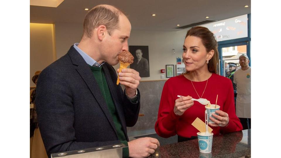 Prince William, Duke of Cambridge and Catherine, Duchess of Cambridge eat ice cream during a visit to Joe's Ice Cream Parlour in the Mumbles