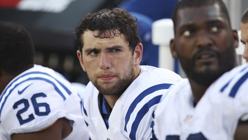 Indianapolis Colts quarterback Andrew Luck sits on the bench during the second half of a game against the New York Jets Sunday, Oct. 14, 2012, in East Rutherford, N.J.