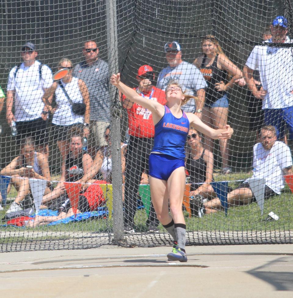 Lakewood's Landry Driskel competes in the Division II girls discus during the state championships on Friday. Driskel threw a school-record distance of 134-feet-1 to take runner-up.