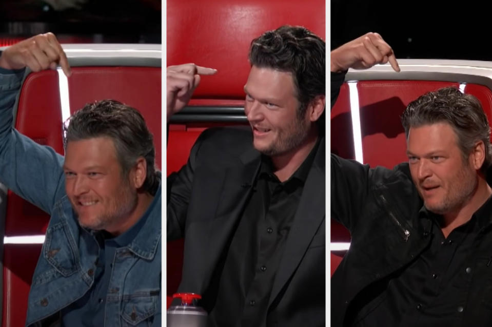 Blake pointing at himself in an effort to get a singer to choose him as their coach across seasons