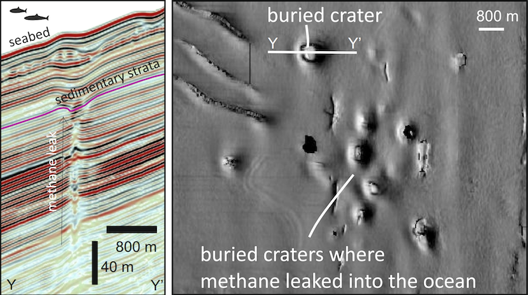 Sectional diagram showing rock layers of the seabed and map of the crater.