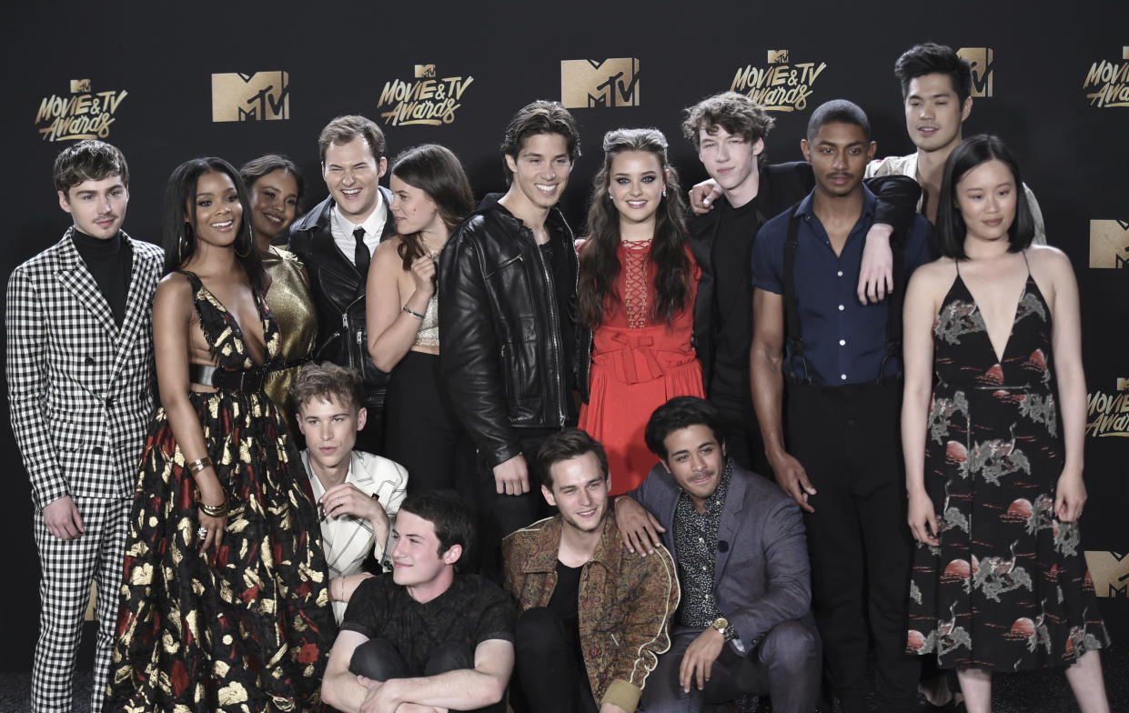 The cast of "13 Reasons Why" poses in the press room at the MTV Movie and TV Awards at the Shrine Auditorium on Sunday, May 7, 2017, in Los Angeles. (Photo by Richard Shotwell/Invision/AP)