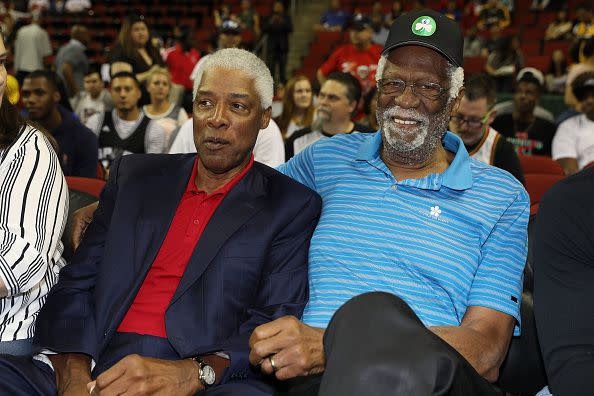 SEATTLE, WA - AUGUST 20:  Head coach Julius Erving of the Tri-State (L) sits next to Bill Russell while attending week nine of the BIG3 three-on-three basketball league at KeyArena on August 20, 2017 in Seattle, Washington.  (Photo by Christian Petersen/BIG3/Getty Images)