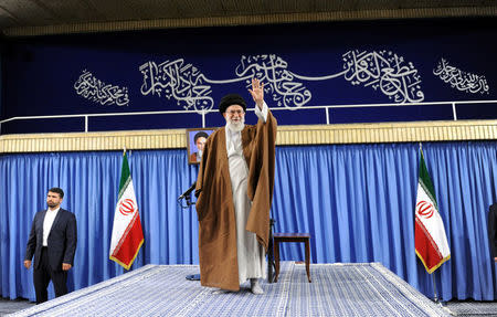 Iran's Supreme Leader Ayatollah Ali Khamenei waves before speaking to the audience in Tehran, Iran, May 17, 2017. Leader.ir/Handout via REUTERS