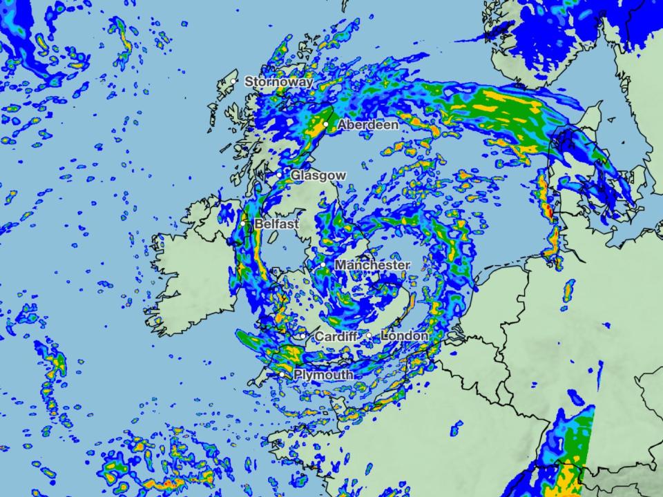 The bad weather will continue to impact Britain throughout the afternoon on Thursday (Met Office)