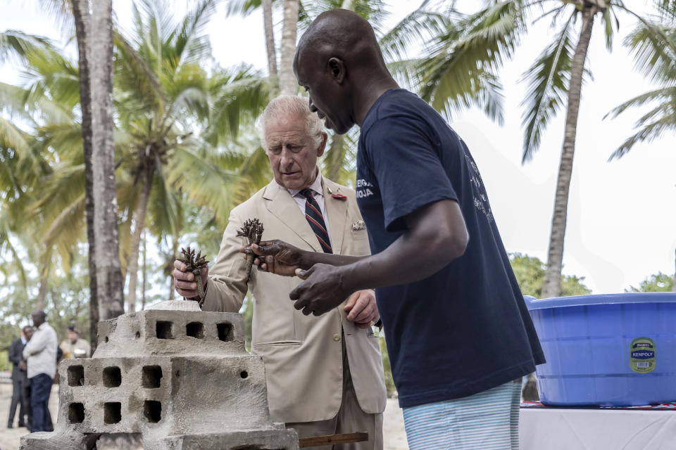 Britain's King Charles III, left, plants coral on a concrete block to be dropped in the sea, at the coral restoration project during a visit to Kuruwitu Conservation Area in Kilifi, Kenya, Thursday, Nov. 2, 2023. (Luis Tato/Pool Photo via AP)