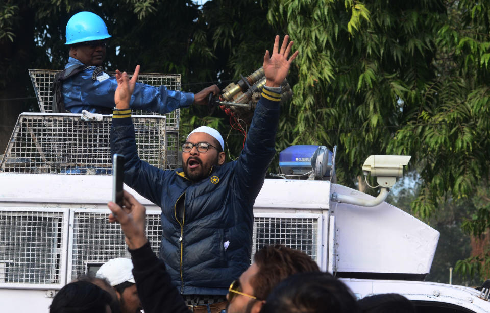 Protesters shout slogens with placards during a demonstration against India's new citizenship law CAA ( Citizenship amandment Act ) in Allahabad on December 19,2019 . Indians defied bans nationwide as anger swells against a citizenship law seen as discriminatory against muslims, following days of protest, clashes, and riots that have left six dead .(Photo by Ritesh Shukla/NurPhoto via Getty Images)