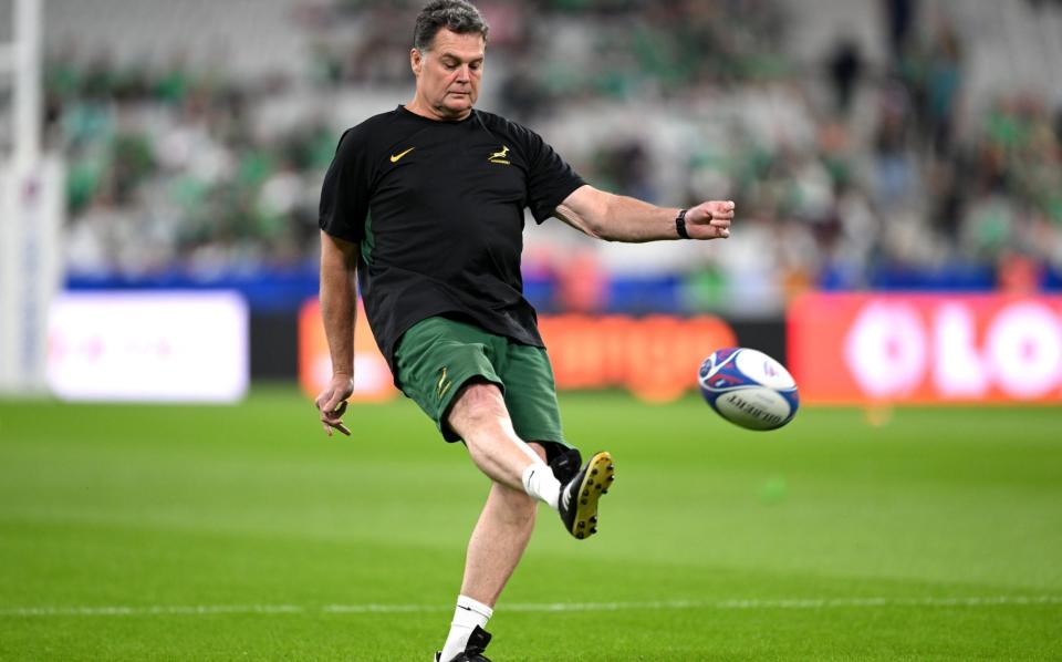 Rassie Erasmus, Director of Rugby of South Africa, kicks a ball prior to the Rugby World Cup France match against Ireland - Rassie Erasmus an unlikely pillar of sanity in Springboks’ Libbok-Pollard debate at Rugby World Cup