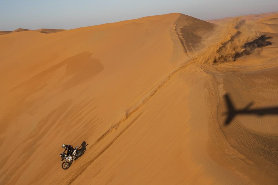 Skyler Howes of United States rides his Husqvarna motorbike during stage eleven of the Dakar Rally between Shubaytah and Haradth, Saudi Arabia, Thursday, Jan. 16, 2020. (AP Photo/Bernat Armangue)