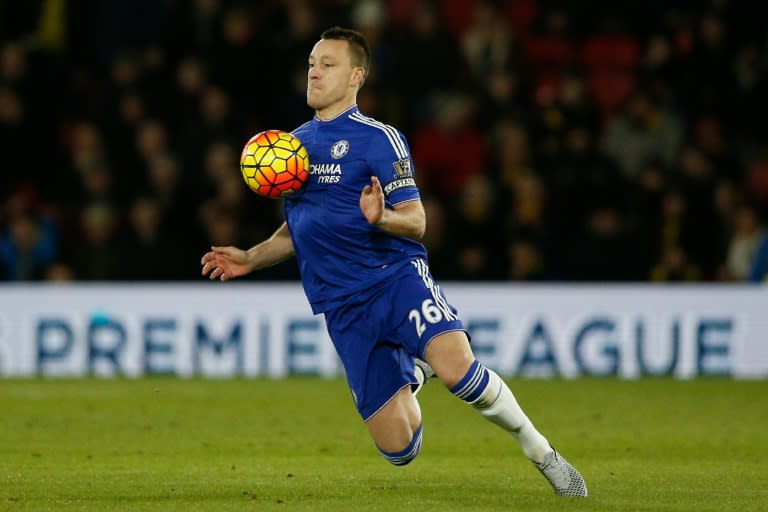 Chelsea's defender John Terry controls the ball with his chest during the English Premier League football match between Watford and Chelsea at Vicarage Road Stadium in Watford, north of London on February 3, 2016