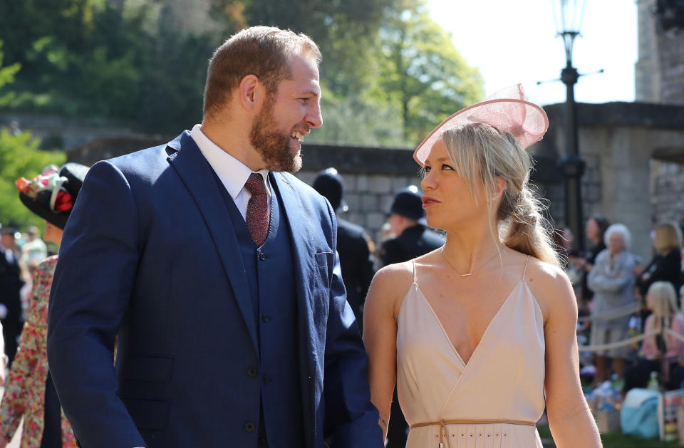 WINDSOR, UNITED KINGDOM - MAY 19:  James Haskell and Chloe Madeley arrive at St George's Chapel at Windsor Castle before the wedding of Prince Harry to Meghan Markle on May 19, 2018 in Windsor, England. (Photo by Gareth Fuller - WPA Pool/Getty Images)