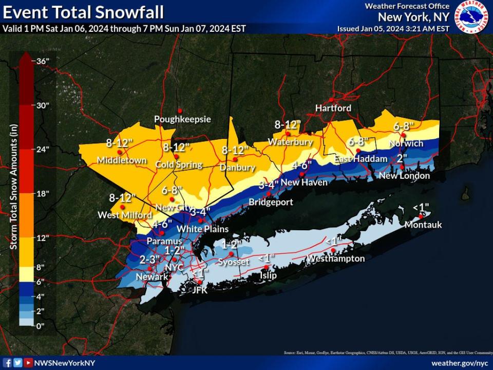 Forecasted snow totals in New York City and surrounding areas for Saturday, Jan. 6, 2024 to Sunday Jan. 7, 2024. Forecast valid as of early Friday, Jan. 5, 2024.