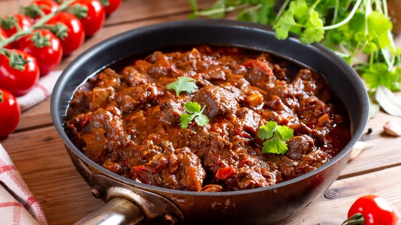 Beef goulash in pan