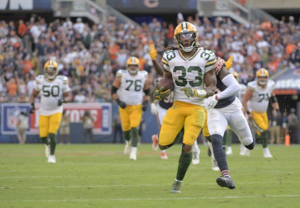 Running back Aaron Jones and the Green Bay Packers will host the Los Angeles Rams on Sunday in Green Bay, Wis. File Photo by Mark Black/UPI