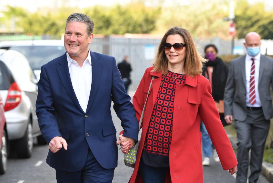 Sir Keir Starmer and his wife Victoria arrive to cast their vote at Greenwood Centre polling station at St Albans Church, north LondonPA