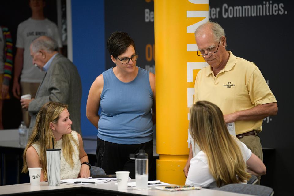 Attendees chat during a Food Insecurity "Hackathon" at United Way of Greater Knoxville in Knoxville, Tenn. on Wednesday, July 27, 2022. Community organizations came together to discuss initiatives to help fight food insecurity in Knoxville.