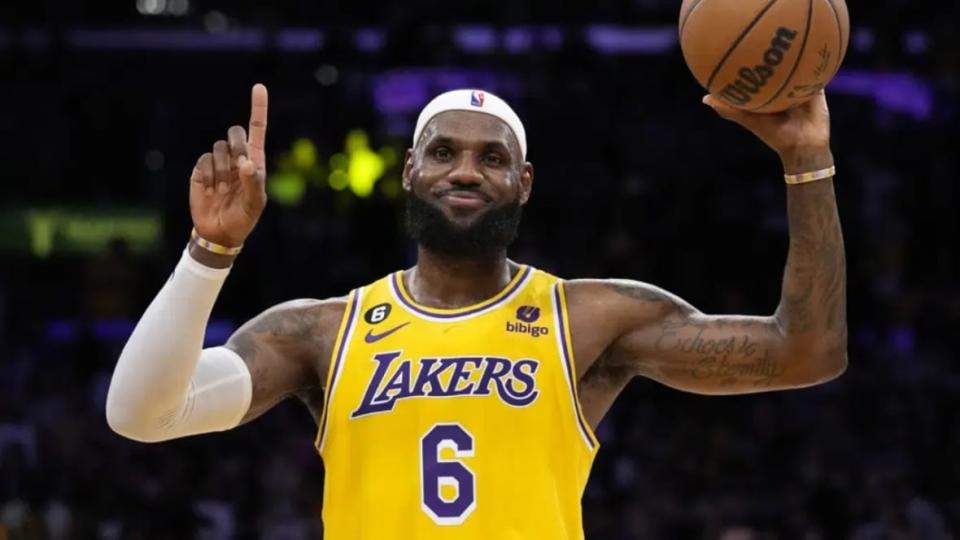 Los Angeles Lakers forward LeBron James gestures after passing Kareem Abdul-Jabbar to become the NBA’s all-time leading scorer during the second half of an NBA basketball game against the Oklahoma City Thunder Tuesday, Feb. 7, 2023, in Los Angeles. (Photo: Ashley Landis/AP)