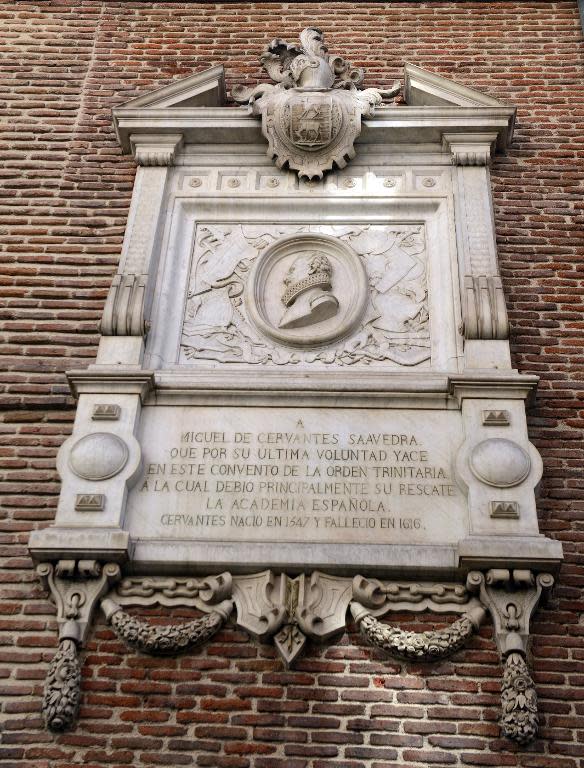 A commemorative marble plaque to Spanish writer Miguel de Cervantes on a wall of the Convent of Trinitarians in central Madrid, where Cervantes was buried, March 7, 2014