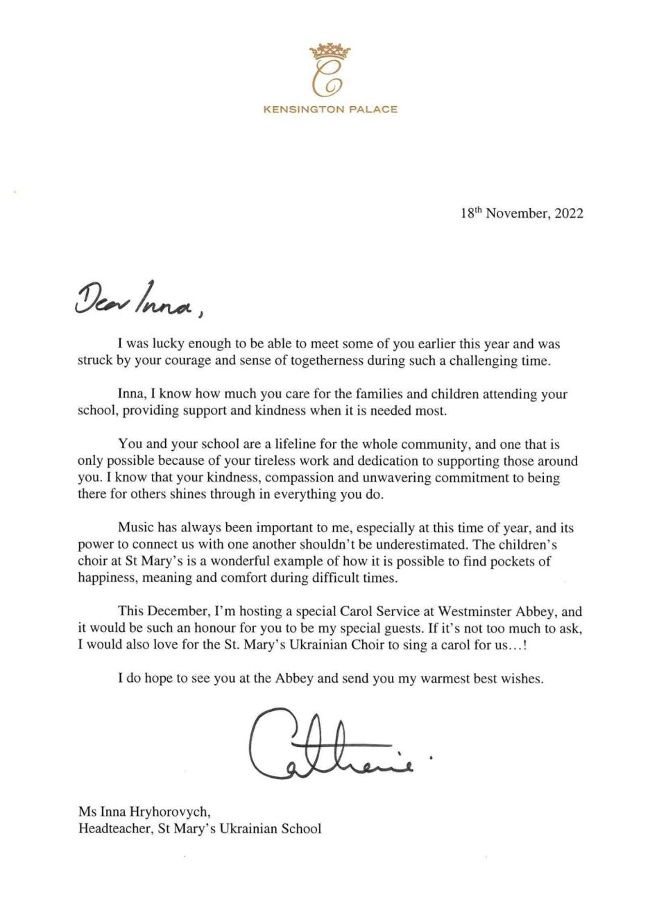 A letter from Catherine, Princess of Wales to the headteacher, Inna Hryhorovych of the Ukrainian school in London that sung a carol for her Together at Christmas concert at Westminster Abbey