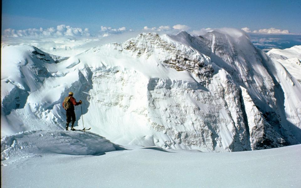 Hans Gmoser, known as the inventor of heliskiing, in Cariboo, Canada