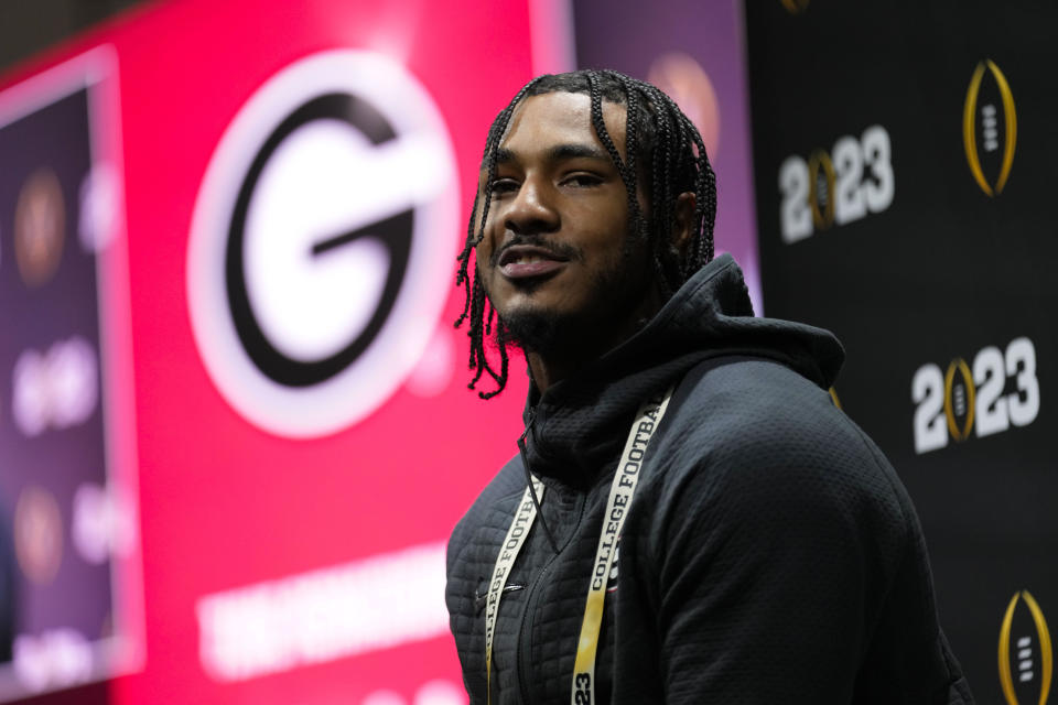 Georgia running back Kenny McIntosh speaks during a media day ahead of the national championship NCAA College Football Playoff game between Georgia and TCU, Saturday, Jan. 7, 2023, in Los Angeles. The championship football game will be played Monday. (AP Photo/Marcio Jose Sanchez)