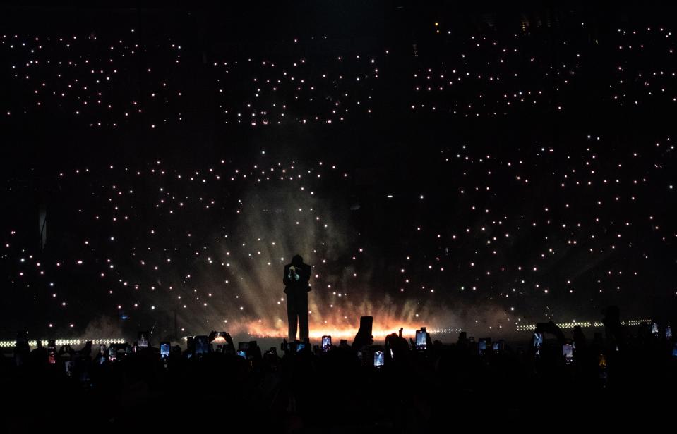 Bad Bunny arrives on stage at Bridgestone Arena for his “Most Wanted Tour” in Nashville, Tenn., Saturday, May 11, 2024.