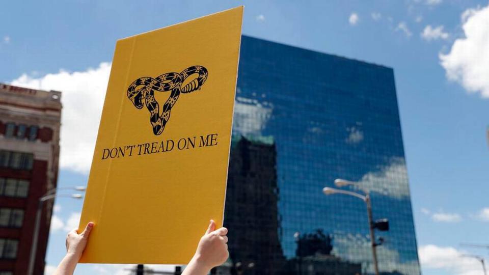 Abortion-rights supporters take part in a protest Thursday, May 30, 2019, in St. Louis. A St. Louis judge heard an hour of arguments Thursday on Planned Parenthood’s request for a temporary restraining order that would prohibit the state from allowing the license for Missouri’s only abortion clinic to lapse at midnight Friday. (AP Photo/Jeff Roberson)