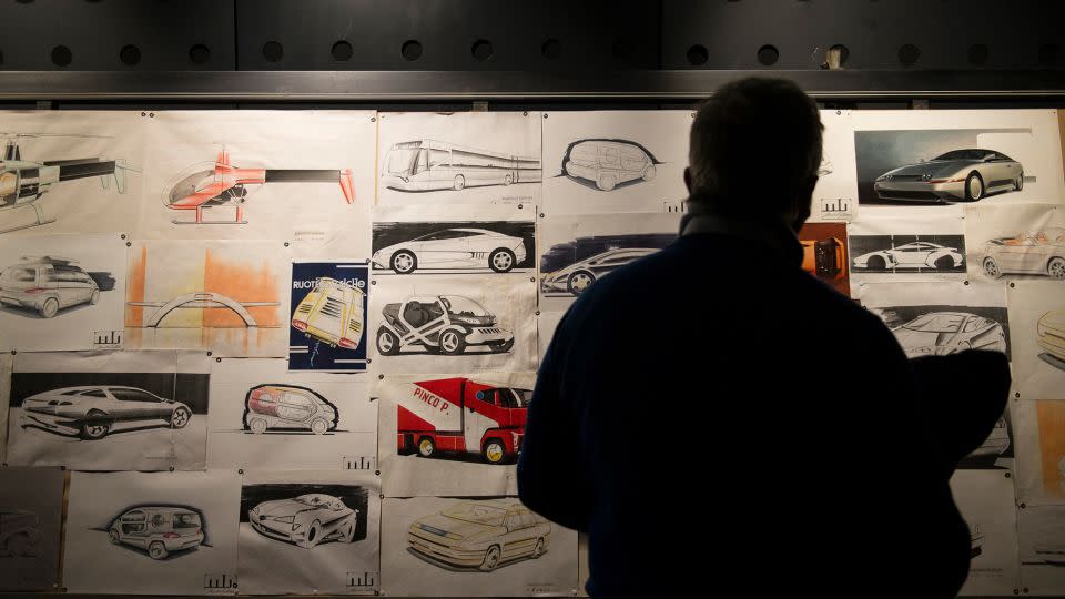 Marcello Gandini's drawings on display during the exhibition dedicated to his work at the Museo Nazionale dell'Automobile in Turin in 2019. - Stefano Guidi/LightRocket/Getty Images