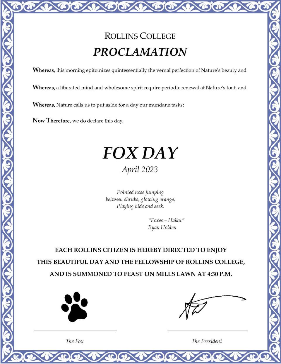 Fox Day 2023 Proclamation signed at Rollins College by President Cornwell and the Fox.