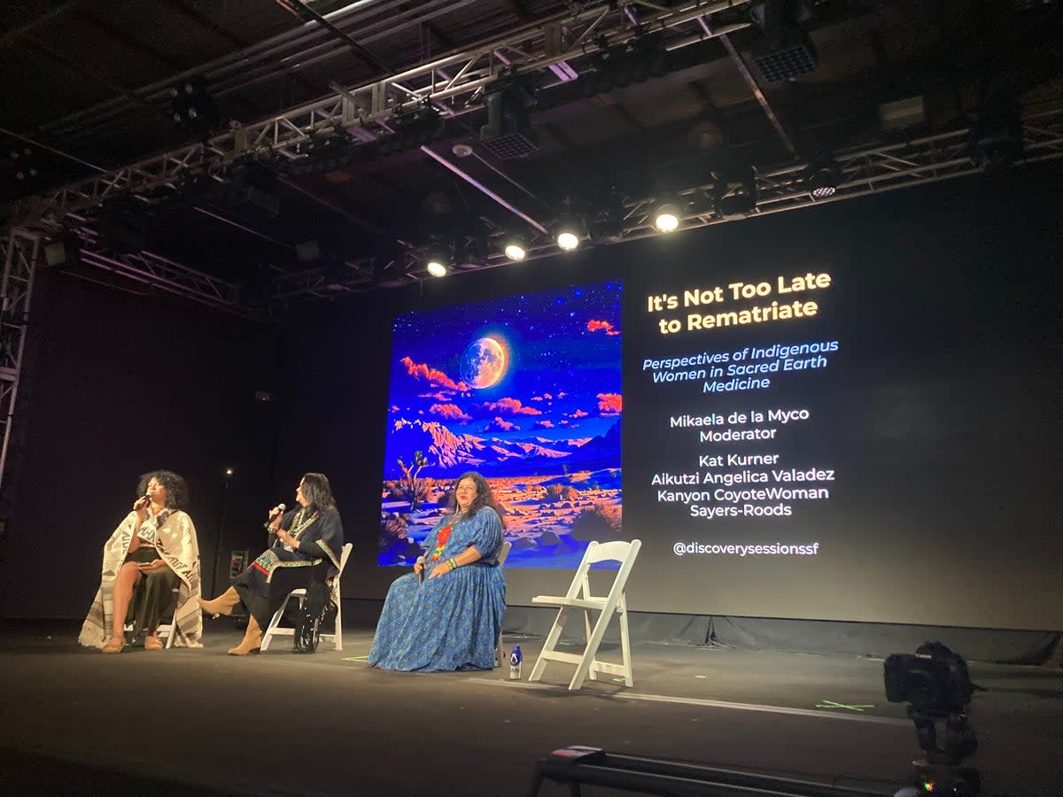 A panel discussion on indigenous women’s role in the psychedelic movement at the Discovery Sessions conference in San Francisco, Thursday 18 April 2024 (Io Dodds / The Independent)