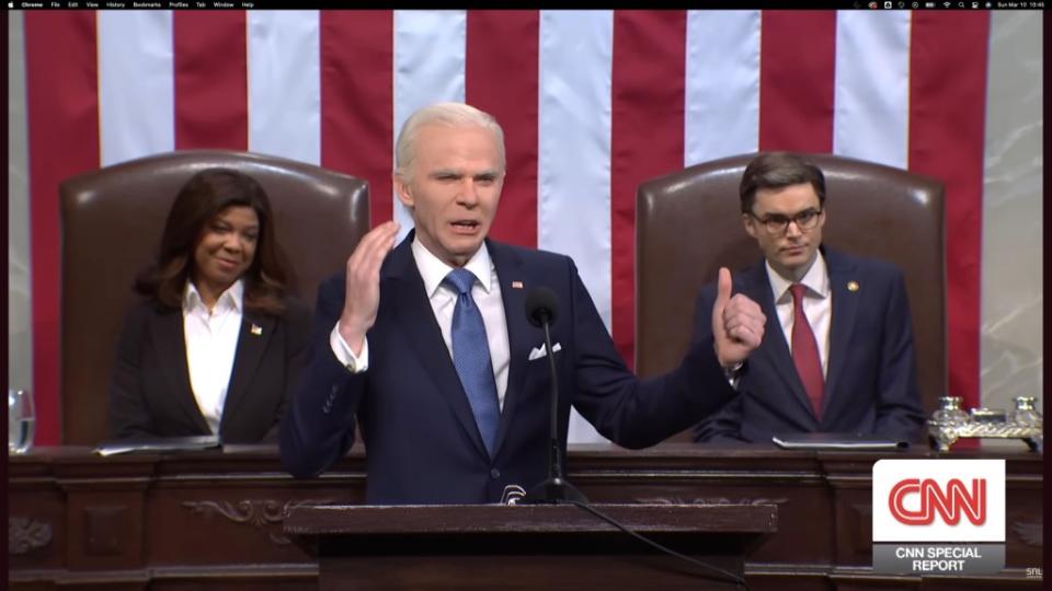 Mike Day spoofed President Biden as amped up and over-confident. NBC/SNL