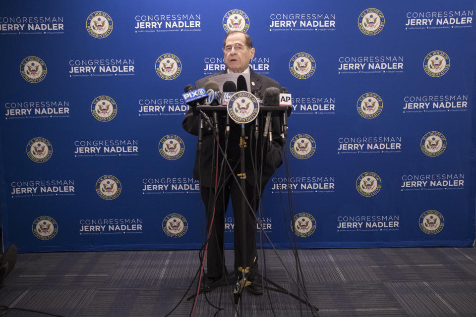 U.S. Rep. Jerrold Nadler, D-N.Y., chair of the House Judiciary Committee, speaks during a news conference, Thursday, April 18, 2019, in New York. (AP Photo/Mary Altaffer)