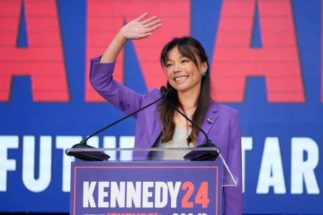 Nicole Shanahan waves after accepting Robert F. Kennedy Jr.'s selection of her as his vice-presidential running mate. She financed a pro-Kennedy super PAC's Super Bowl ad.