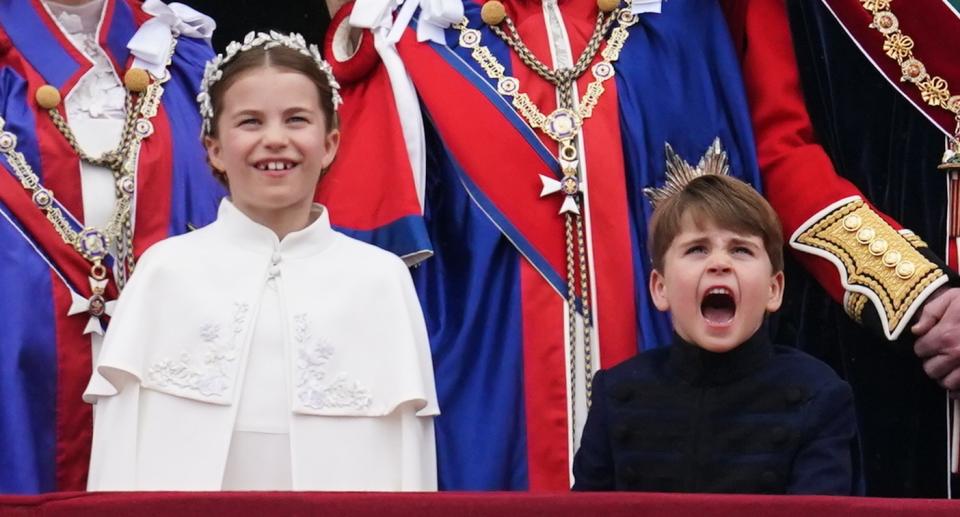 <p>Princess Charlotte and Prince Louis watch the flypast from Buckingham Palace balcony. (Getty Images)</p> 