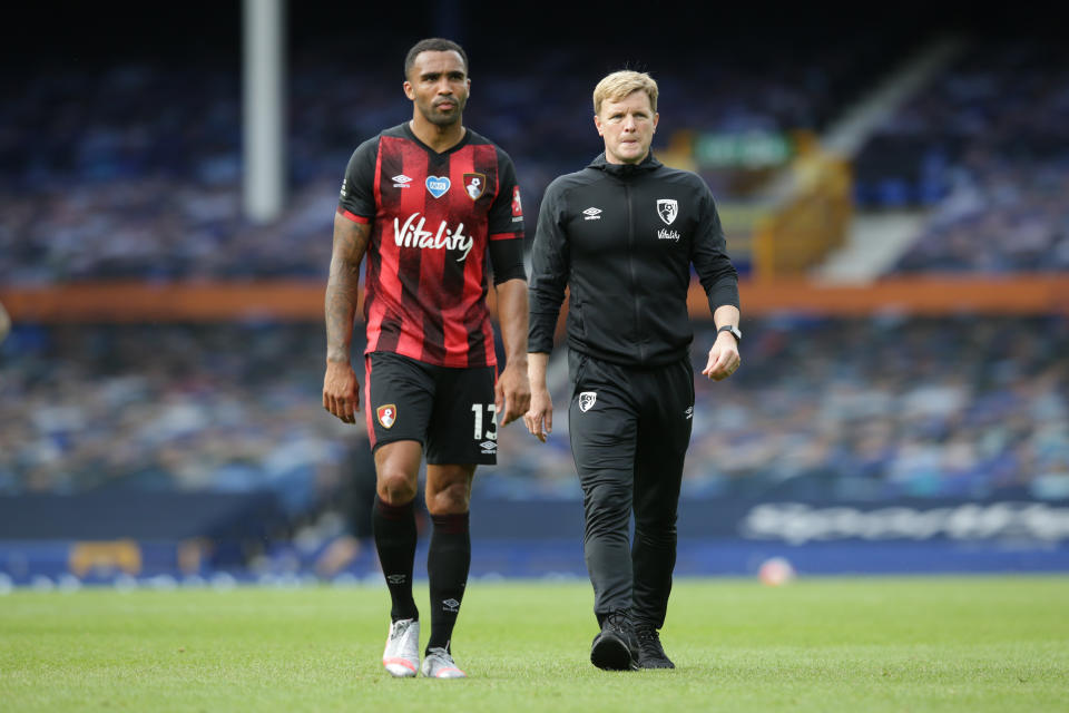 Callum Wilson and Eddie Howe of Bournemouth leave the pitch after their side are relegated from the Premier League.