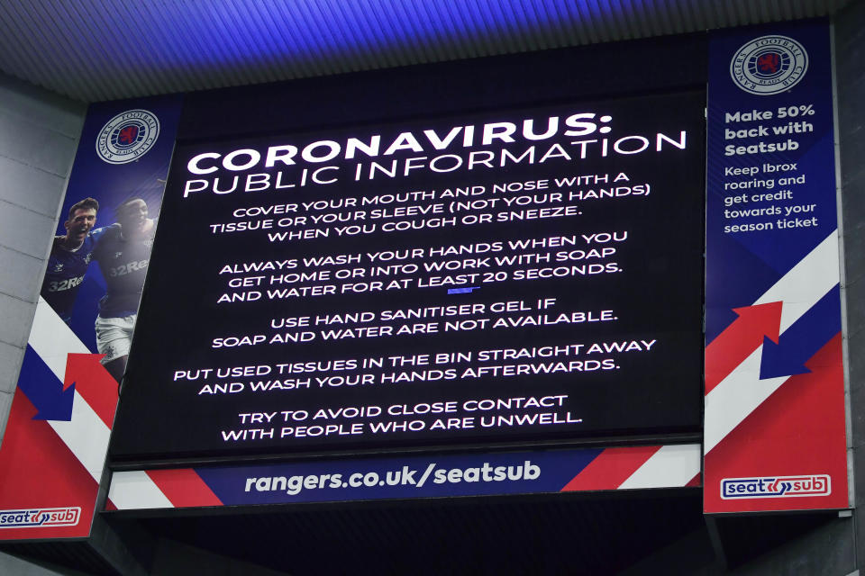 GLASGOW, SCOTLAND - MARCH 04: Rangers issues a warning to fans regarding the Coronavirus during the Ladbrokes Premiership match between Rangers and Hamilton at Ibrox, on March 04, 2020, in Glasgow, Scotland. (Photo by Rob Casey / SNS Group via Getty Images)