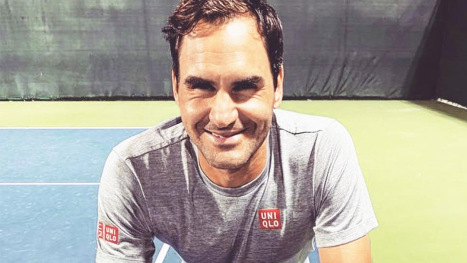 Roger Federer (pictured) leaning on the net after practice.