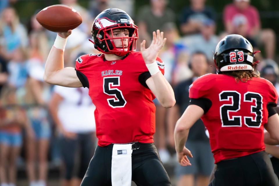 Dover quarterback Aric Campbell prepares to throw during a YAIAA football game against South Western on Friday, September 2, 2022, in Dover.