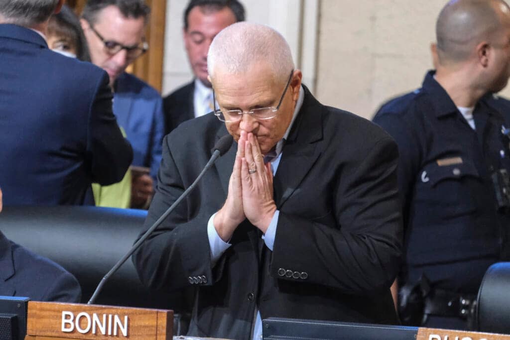 Los Angeles City Council member Mike Bonin pauses while speaking to his supporters before starting the Los Angeles City Council meeting Tuesday, Oct. 11, 2022 in Los Angeles. (AP Photo/Ringo H.W. Chiu)