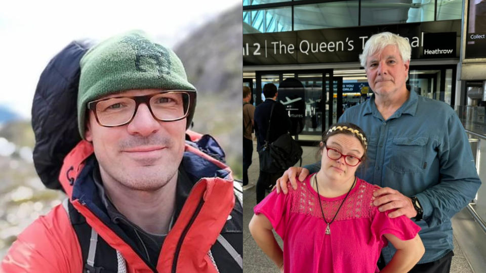 Antony Knights, left, who missed out on seeing a Hans Zimmer concert due to his flight being cancelled and Jim Wheaton and his daughter, right, who planned to attend a wedding (Antony Knights/Jim Wheaton/PA)