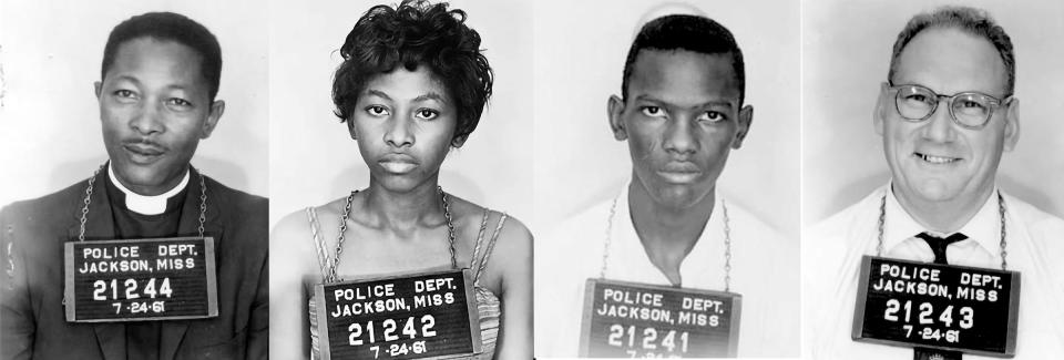 Left to Right: Rev. Matthew Petway, his children Kredelle and Alphonso, as well as Cecil Thompson, a graduate student from Ohio State University, boarded a Delta Airlines flight to Jackson, Mississippi. on July 24, 1961,  as part of a peaceful demonstration protesting segregation laws. They were arrested upon arrival in Jackson and jailed for three days.