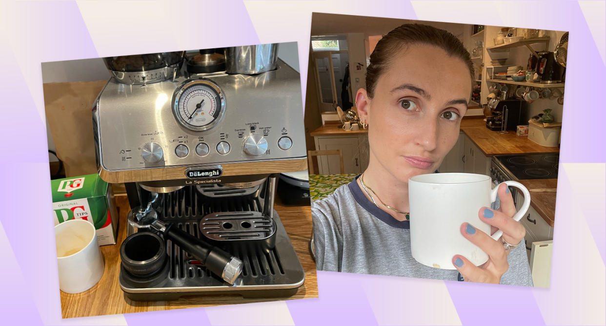 Picture of caffeine - coffee machine and tea, and picture of writer with tea mug. (Yahoo Life UK)