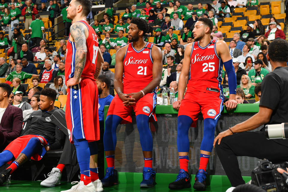 Joel Embiid, Ben Simmons and the 76ers got a rude welcome to Boston in Game 1. (Getty)